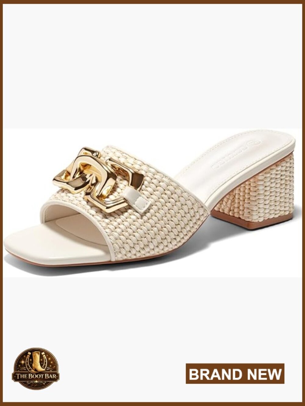 Raffia Slide Sandals Chunky Block Heel Square Open Toe Metal Chain Slip On